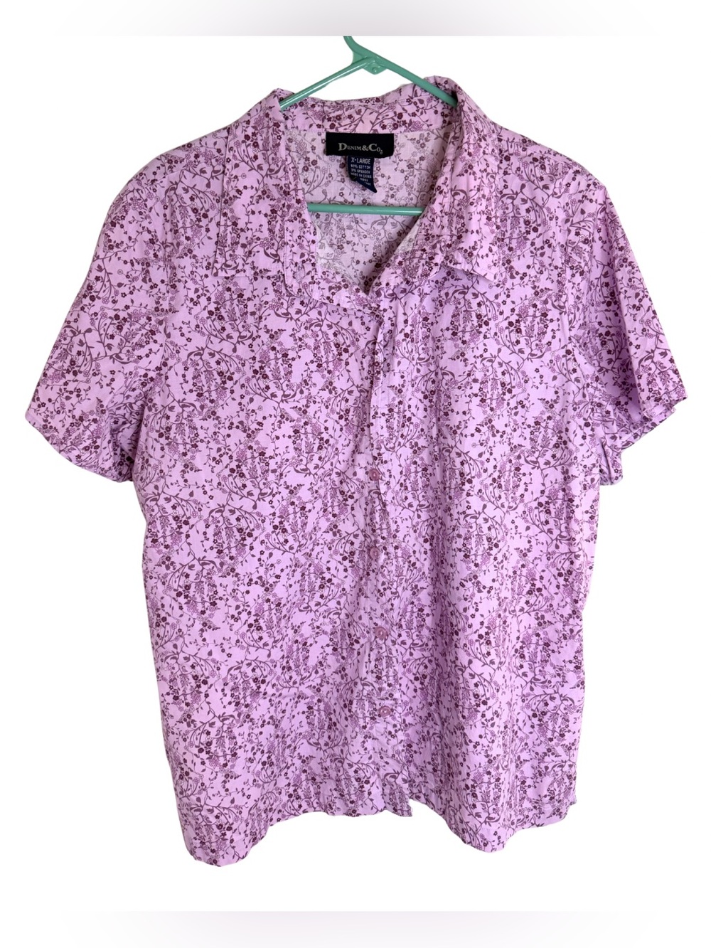 3/$20 Denim&Co Lavender Purple Floral Short Sleeve Button Down Shirt
